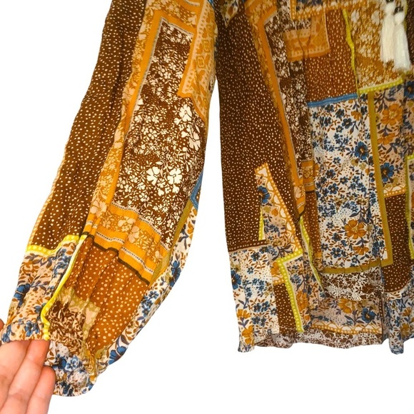 Olivaceous Boho Mixed Pattern Tassle - Tie Blouse NWOT SMALL - Picture 3 of 5